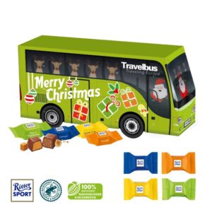 3D Adventskalender in Bus-Form mit Ritter sport Schokowürfel und mit Logo individuell bedruckt als Werbeartikel.