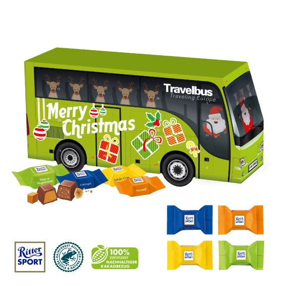 3D Adventskalender in Bus-Form mit Ritter sport Schokowürfel und mit Logo individuell bedruckt als Werbeartikel.