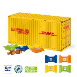 3D Adventskalender in LKW-Form mit Ritter Sport Schokowürfel gefüllt und mit Logo individuell bedruckt als Werbeartikel.