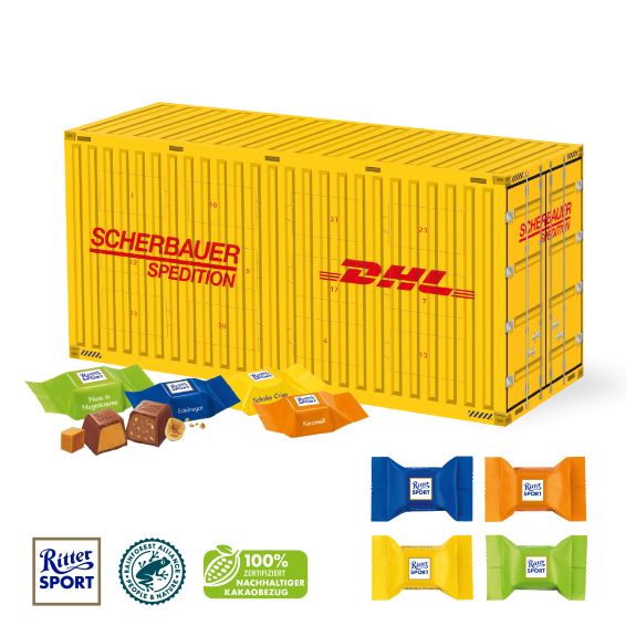 3D Adventskalender in LKW-Form mit Ritter Sport Schokowürfel gefüllt und mit Logo individuell bedruckt als Werbeartikel.