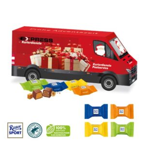 3D Adventskalender als Transporter gefüllt mit Ritter Sport Schokowürfel, individuell bedruckt mit Logo als Werbeartikel.