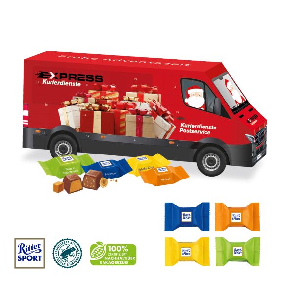 3D Adventskalender als Transporter gefüllt mit Ritter Sport Schokowürfel, individuell bedruckt mit Logo als Werbeartikel.