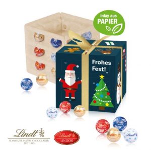 3D Adventskalender als Würfel mit Lindt Lindor Schokokugeln mit Logo individuell bedruckt als Werbeartikel.