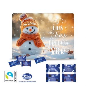 Adventskalender von Klett mit Fairtrade Schokotäfelchen und mit Logo individuell bedruckt als Werbeartikel.