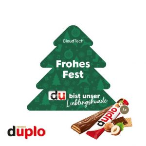 Tannenbaum Werbekarte mit Duplo Schokoriegel und mit Logo individuell bedruckt als Werbeartikel.