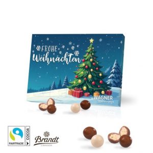 Tischkalender mit Fairtrade Knusperkugeln von Brandt mit Logo individuell bedruckt als Adventskalender-Werbegeschenk.