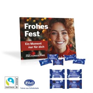 Tisch-Adventskalender von Klett mit Fairtrade Schokolade und mit Logo individuell bedruckt als Werbeartikel.