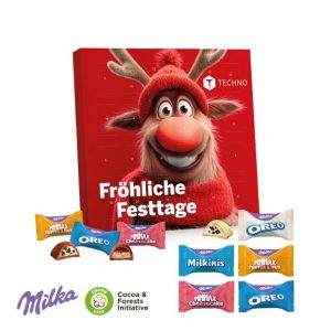 Tisch-Adventskalender quadratisch, gefüllt mit Milka Favourites und individuell mit Logo bedruckt als Werbeartikel.