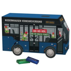 3D Adventskalender als Bus und mit Lindt-Schokotäfelchen gefüllt und mit Logo individuell bedruckt als Werbeartikel.