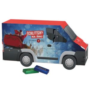3D Adventskalender als Transporter, gefüllt mit Lindt Täfelchen und mit Logo individuell bedruckt als Werbeartikel.