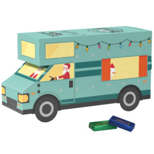 3D Adventskalender als Wohnmobil oder Wohnwagen mit Lindt Schoko-Täfelchen gefüllt und mit Logo individuell bedruckt als Werbeartikel.