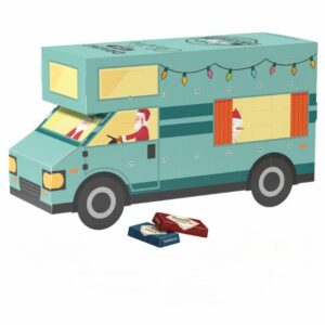 3D Adventskalender als Wohnmobil mit Sarotti Täfelchen gefüllt und mit Logo bedruckt als Werbeartikel.