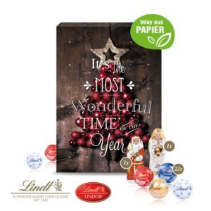 Adventskalender mit Lindt-Schokoladen-Mix und optional einem eingelegten Gutschein und mit Logo individuelll bedruckt als Werbeartikel.