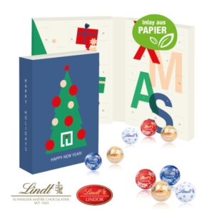 Adventskalender zum Aufklappen mit Lindt Lindor-Kugeln und mit Logo individuell bedruckt als Werbeartikel.
