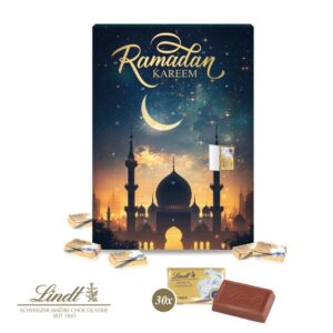 Ramadan Kalender mit 30 Türen und mit Lindt Schokolade gefüllt und mit Logo individuell bedruckt als Werbegeschenk.
