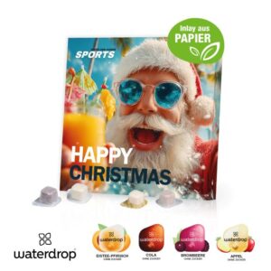 Tisch-Adventskalender mit Waterdrop Getränkewürfel aus Brause mit Logo individuell bedruckt als Werbeartikel.