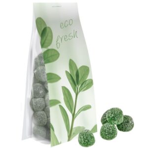 Eukalyptus Menthol Fruchtgummi im Bodenstandbeutel mit Logo individuell bedruckt auf einer Werbekarte als Werbeartikel.