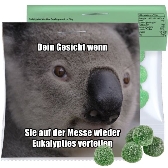 Eukalyptus Menthol Fruchtgummi im transparenten Bodenbuetel mit individuell bedrucktem Werbereiter als Werbeartikel.