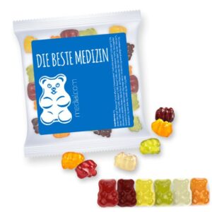 Gummibärchen in transparenter Tüte mit Werbeetikett und mit Logo individuell bedruckt als Werbeartikel.