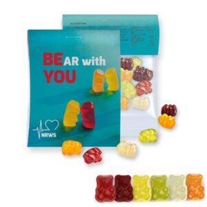 Gummibärchen mit Werbereiter und mit Logo individuell bedruckt als Werbeartikel.