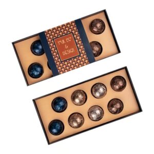Pralinen-Kugeln in Stanniol verpackt zu 8 Stück in einer Pralinenschachtel mit Werbe-Banderole, mit Logo individuell bedruckt als Werbegeschenk.