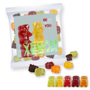 Gummibärchen in transparenter Folie mit Logo individuell bedrucken als Werbegeschenk.