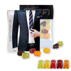 Vegane Gummibärchen im transparenten Tütchen mit Werbereiter individuell bedruckt als Werbemittel.