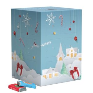 3D Adventskalender Tower mit Fairtrade Schokotäfelchen und mit Logo individuell bedruckt als Werbeartikel.
