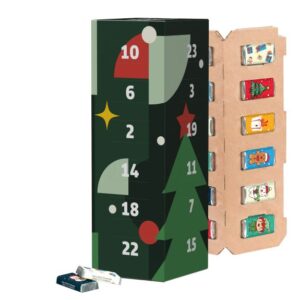3D Adventskalender Turm mit Fairtrade Schokolade gefüllt und mit Logo individuell bedruckt als Werbeartikel.