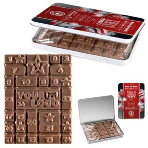 Adventskalender Mini Dekordose mit individueller Prägung auf der Schokoladentafel und individuellem Druck auf der Dekordose als Werbeartikel.
