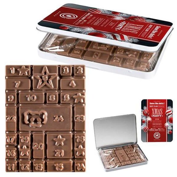 Adventskalender Mini Dekordose mit einer Schokoladentafel und Standard-Prägung 1-24, verpackt in der Metalldose mit individuellem Druck als Werbegeschenk.