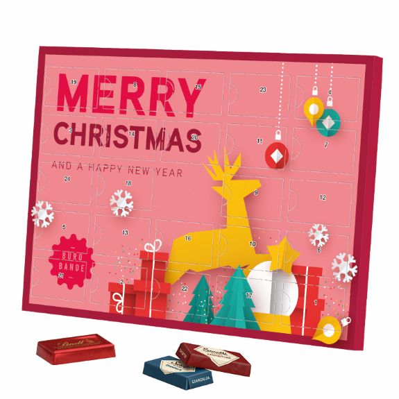 Premium Tisch-Adventskalender mit Lindt- oder Sarotti Schokotäfelchen und mit Logo individuell bedruckt als Werbeartikel.