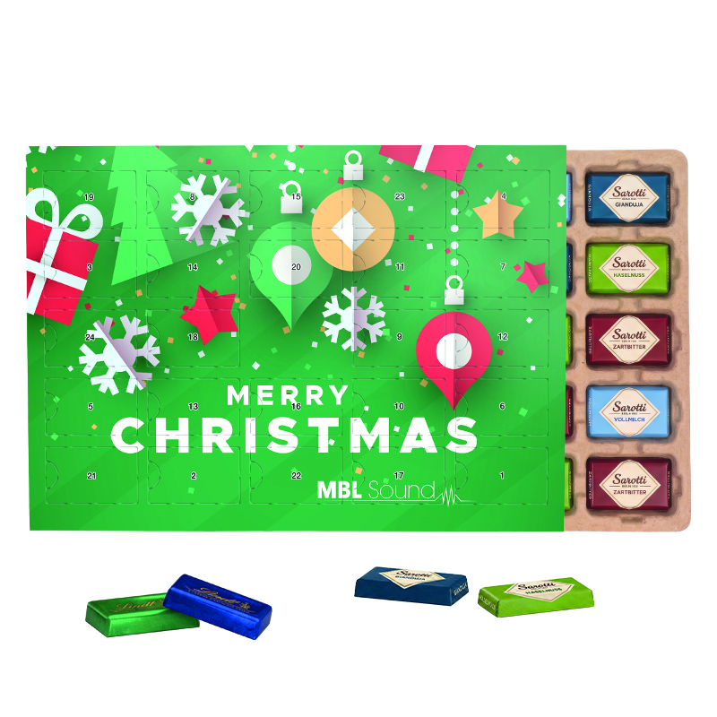 Premium Tisch-Adventskalender mit Lindt- oder Sarotti Schokotäfelchen und mit Logo individuell bedruckt als Werbeartikel.