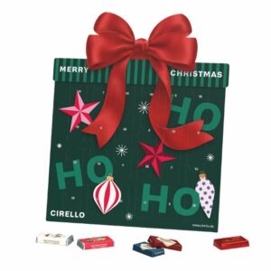 Shape Adventskalender in der Form von einem Geschenk mit Lindt oder Sarotti Schokolade oder Fairtrade Schokolade gefüllt und individuell bedruckt als Werbeartikel.