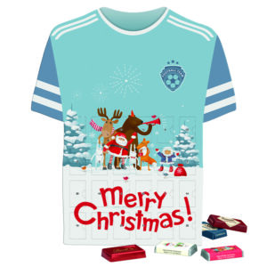 Adventskalender in Trikot oder T-Shirt Form und mit Sarotti, Lindt oder Fairtrade Schokolade gefüllt und individuell bedruckt als Werbeartikel.