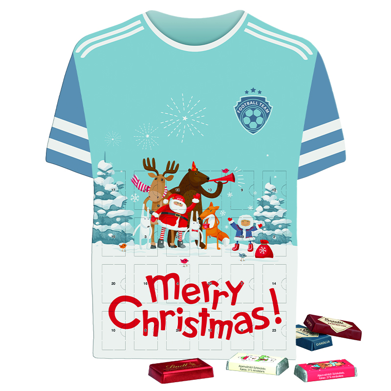 Adventskalender in Trikot oder T-Shirt Form und mit Sarotti, Lindt oder Fairtrade Schokolade gefüllt und individuell bedruckt als Werbeartikel.