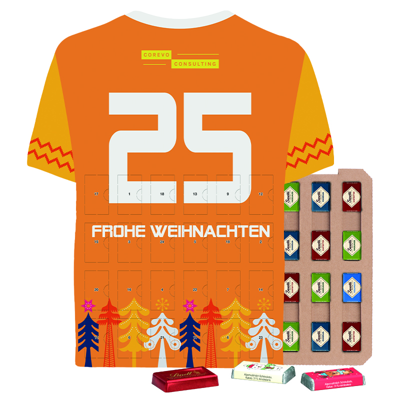 Adventskalender in Trikot oder T-Shirt Form und mit Sarotti, Lindt oder Fairtrade Schokolade gefüllt und individuell bedruckt als Werbeartikel.