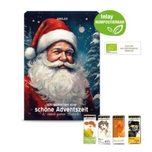 Adventskalender mit Zotter Schokolade gefüllt und individuell mit Logo bedruckt als Werbeartikel.