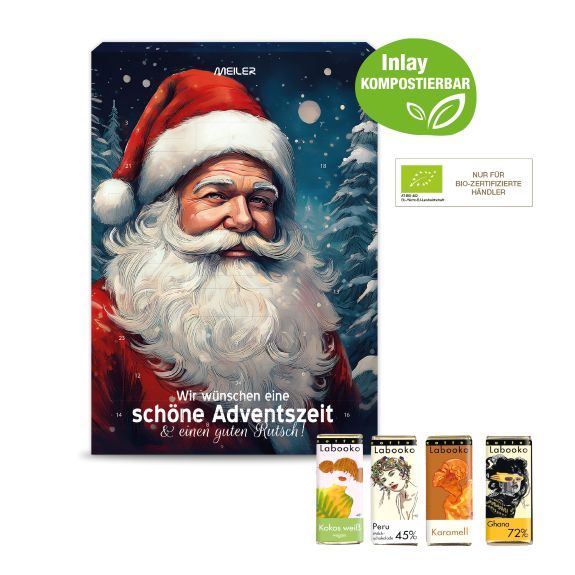 Adventskalender mit Zotter Schokolade gefüllt und individuell mit Logo bedruckt als Werbeartikel.