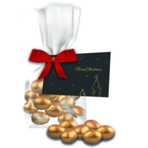 Tüte mit Goldene Salted Caramel Mandeln mit Werbekarte individuell bedruckt mit Ihrem Logo als Werbeartikel.