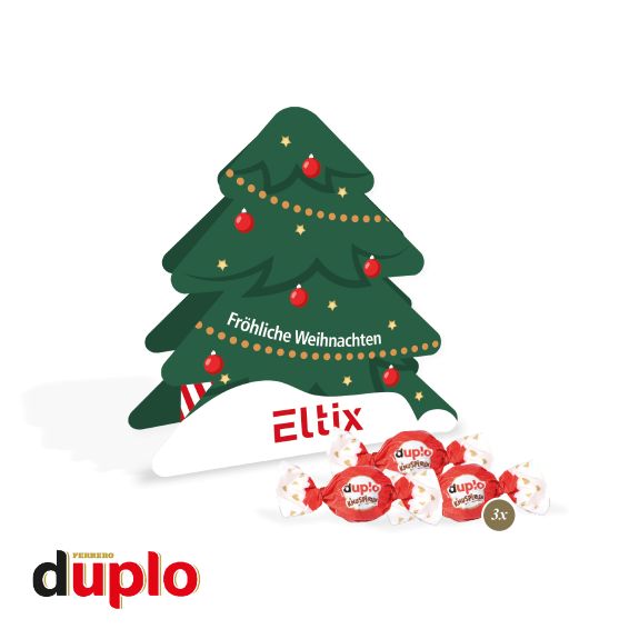 Tannenbaumpräsent mit duplo Knusperperlen mit Schokolade für Weihnachten und mit Logo individuell bedruckt als Werbeartikel.