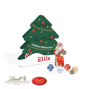 Tannenbaum Präsent mit Lindt Schokolade als Weihnachtsmischung und mit Logo individuell bedruckt als Werbeartikel.