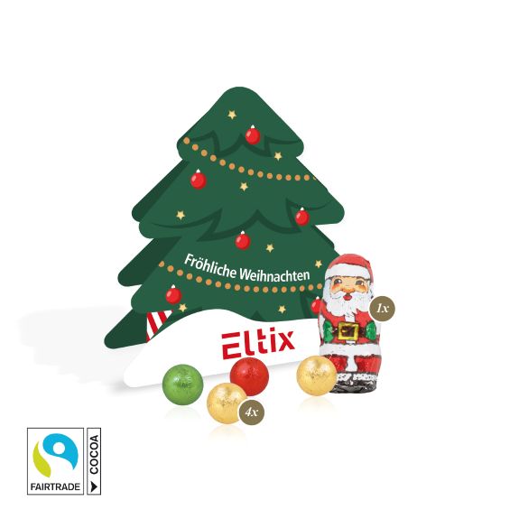 Tannenbaumpräsent mit Only Schokolade als Weihnachtsmischung mit Fairtrade Kakao für Weihnachten und mit Logo individuell bedruckt als Werbeartikel.